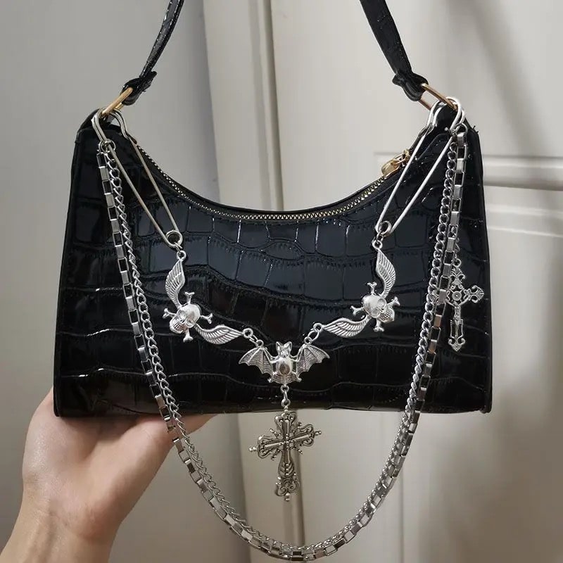 Gothic Cross Bag – Y2K Vintage Leather Bag with Chains