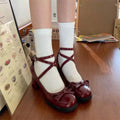 Lolita Chunky Heels in Burgundy Red with Adjustable Strap and Bow Accent