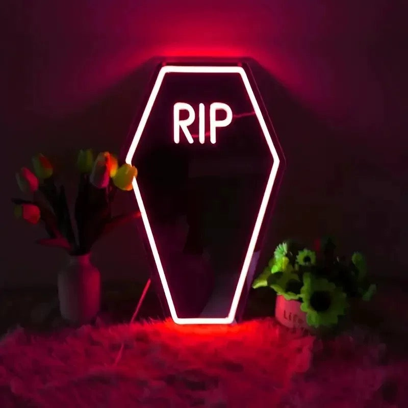 Coffin-Shaped Neon Mirror with Purple RIP Sign for Gothic Room Decor