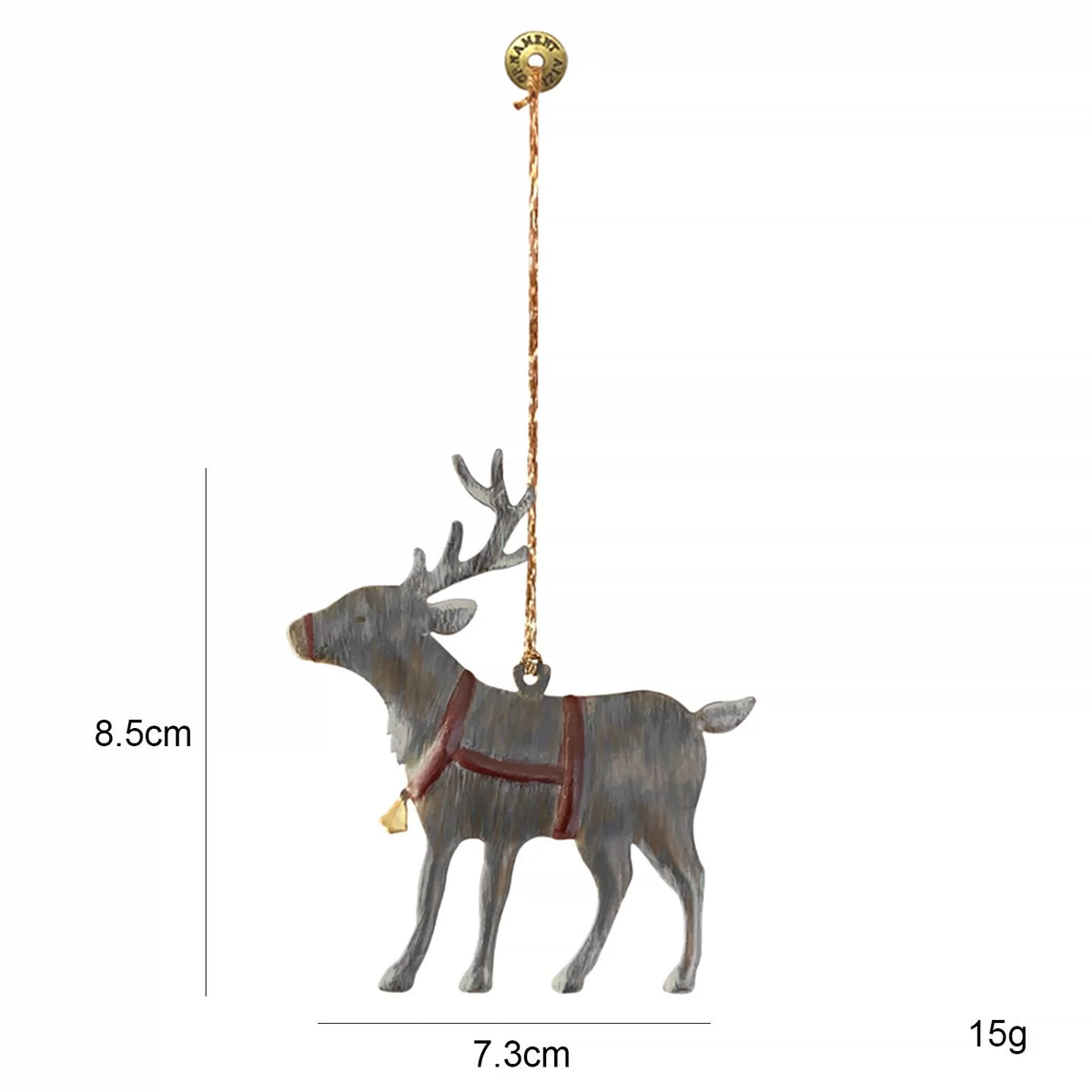 A gray reindeer Christmas tree ornament has branching antlers, a red harness and a small gold colored bell.