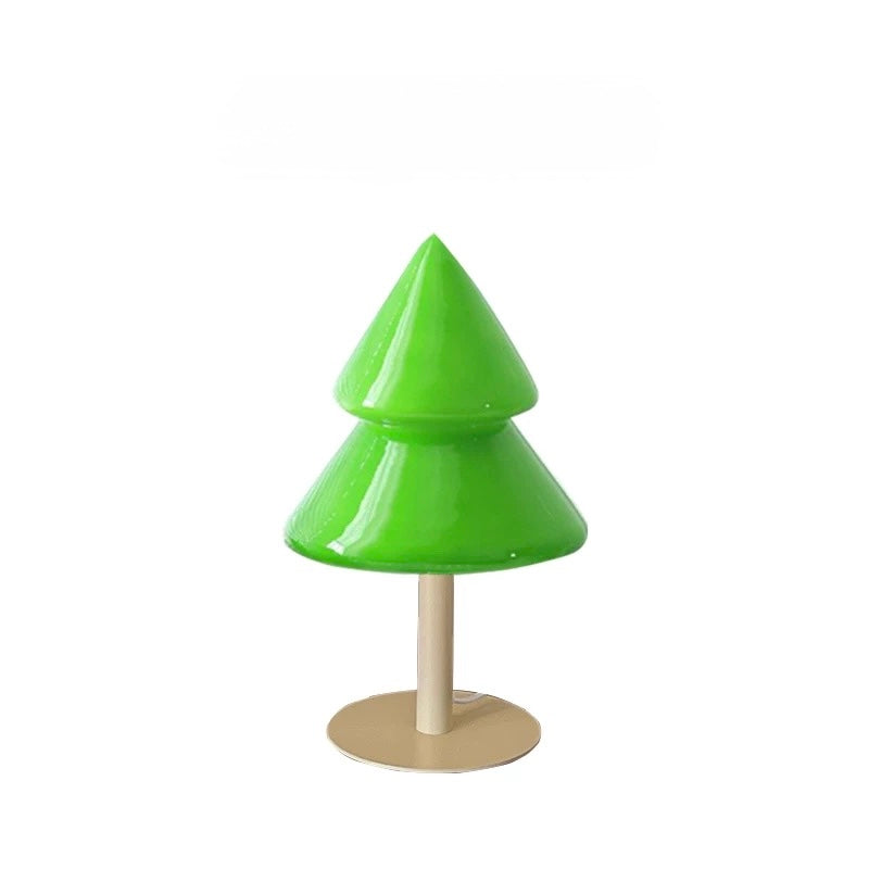 Green Christmas tree lamp with wood-tone base