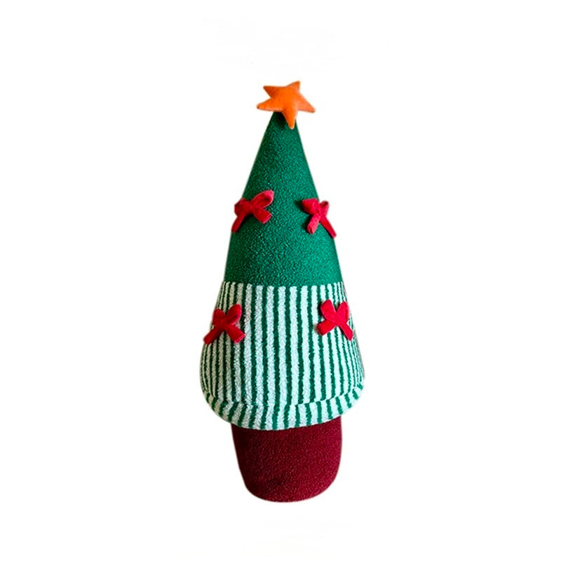 Green Christmas tree pillow with star topper and red plush bows