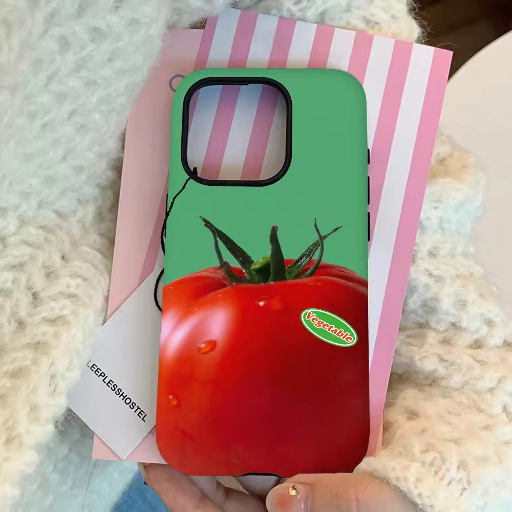 Tomato phone case close-up showing water droplets for fresh effect