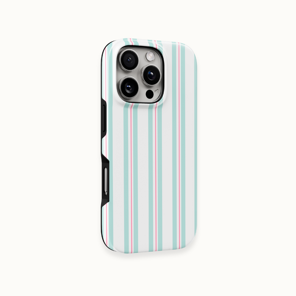 A phone case with a vertical stripe pattern in light blue, pink, and white, shown on a light off-white background.