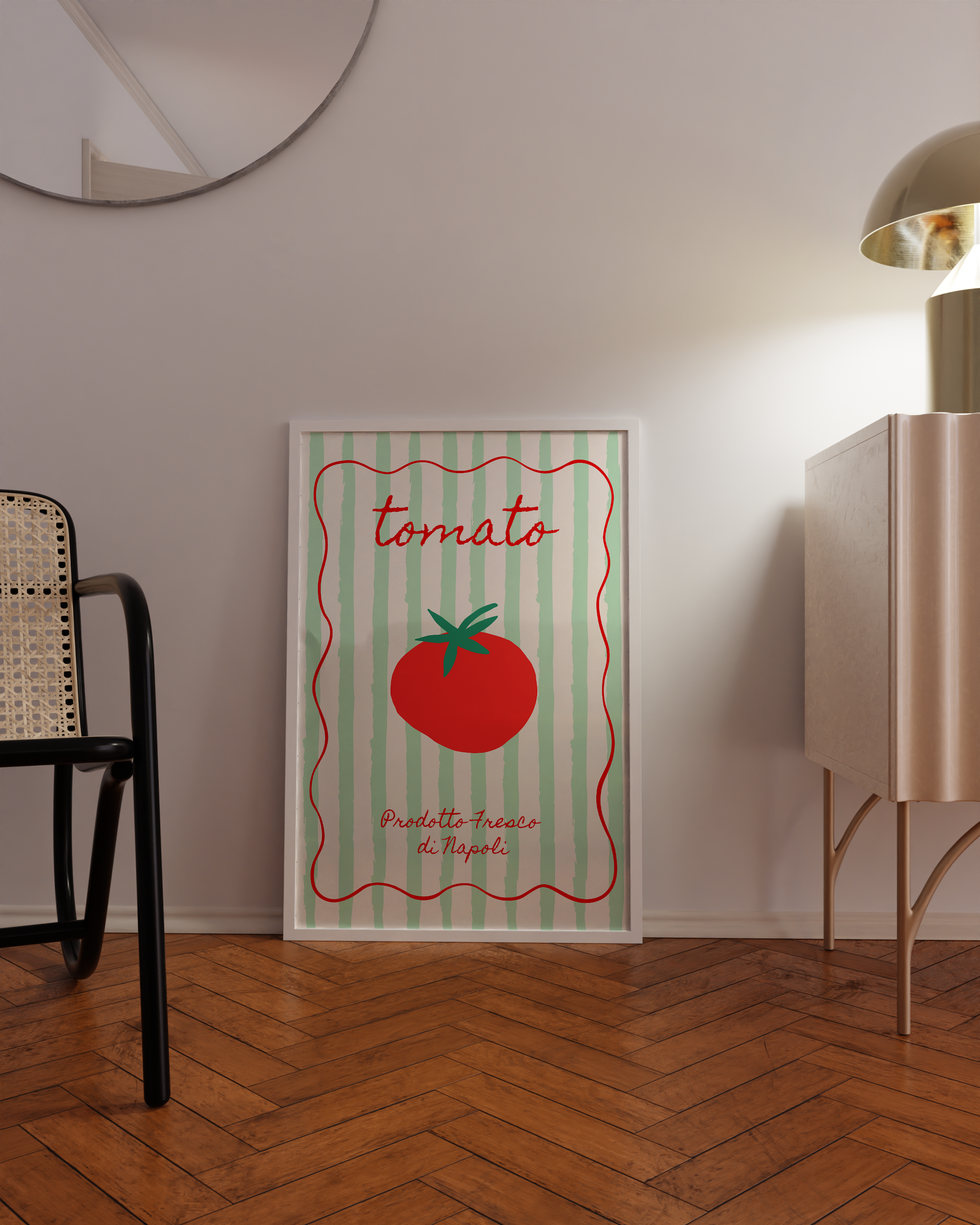 Retro tomato poster with "pomodoro" lettering and cherry tomato clusters