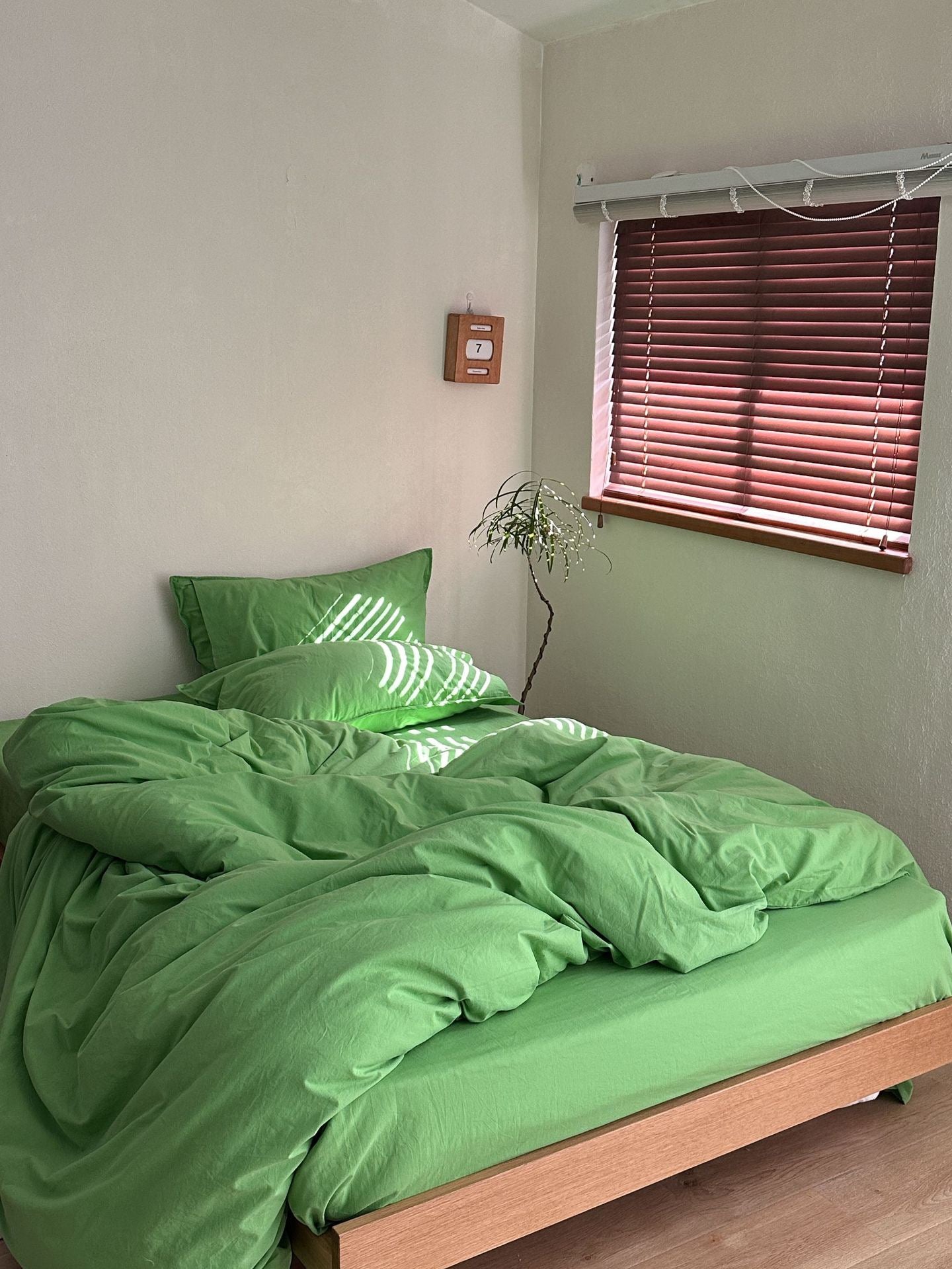 A bed dressed in bright green bedding, including a green duvet cover and matching pillowcases, set in a minimalist bedroom with beige walls, a window with reddish-brown blinds, and a small potted plant.