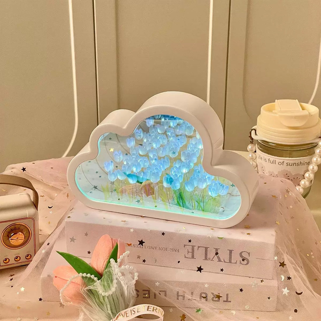 Tulip Cloud Night Light with glowing acrylic flowers