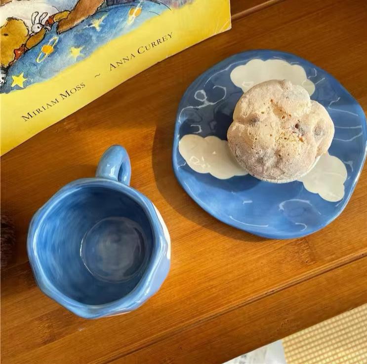 Handmade Blue Ceramic Coffee Mug with Cloud Design