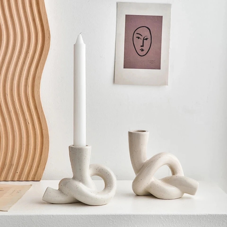 Handmade white ceramic candle holder in Nordic minimalist style