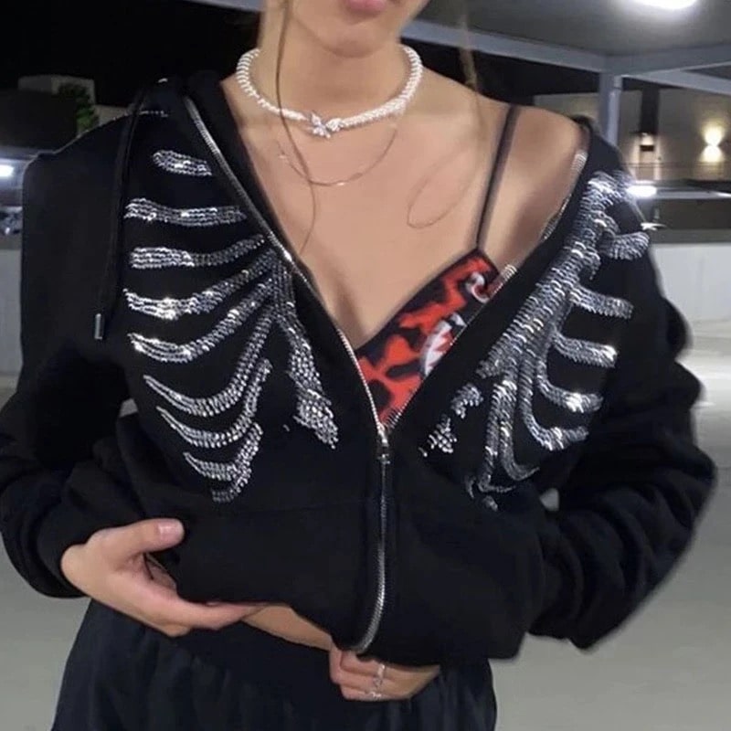 Rhinestone Hoodie | Y2K Skeleton Zip Up Oversized – The Feelz