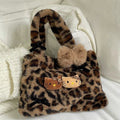 Fluffy Leopard Print Tote Bag with Hello Kitty Charm