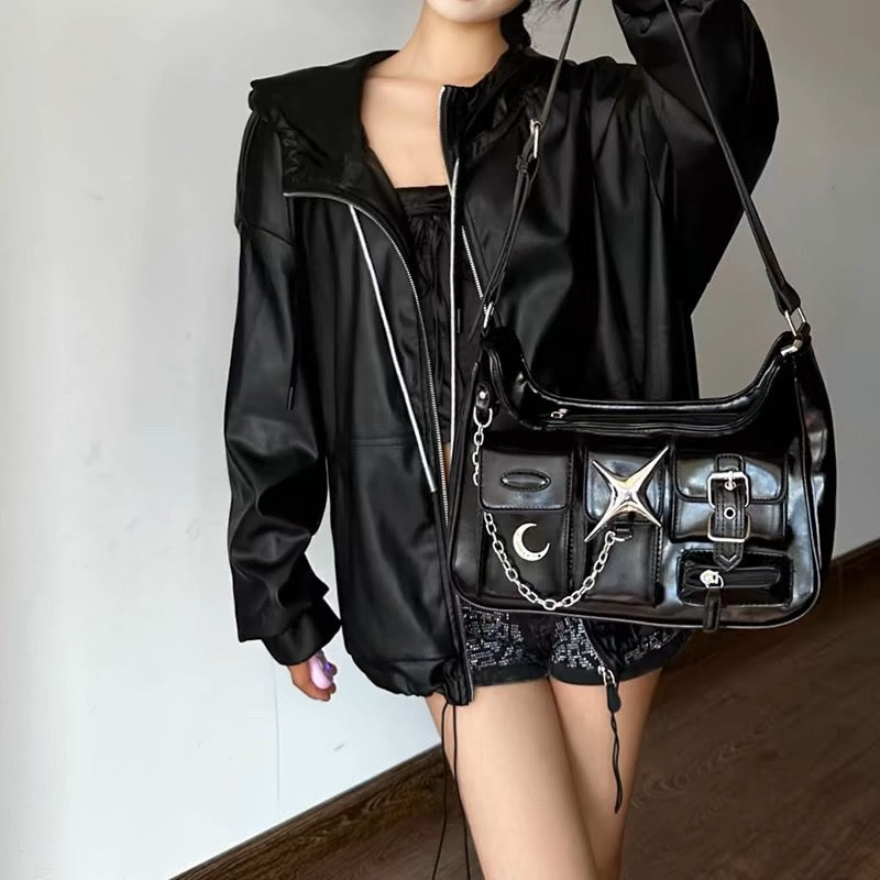 HACODAN Y2K Schoudertas Grunge Preppy Crossbody Punk Esthetische Harajuku Goth Gothic Chain Messenger Bag, Zwart, One Size HACODAN Y2K Schoudertas Grunge Preppy Crossbody Punk Esthetische Harajuku Goth Gothic Chain Messenger Bag, Zwart, One Size