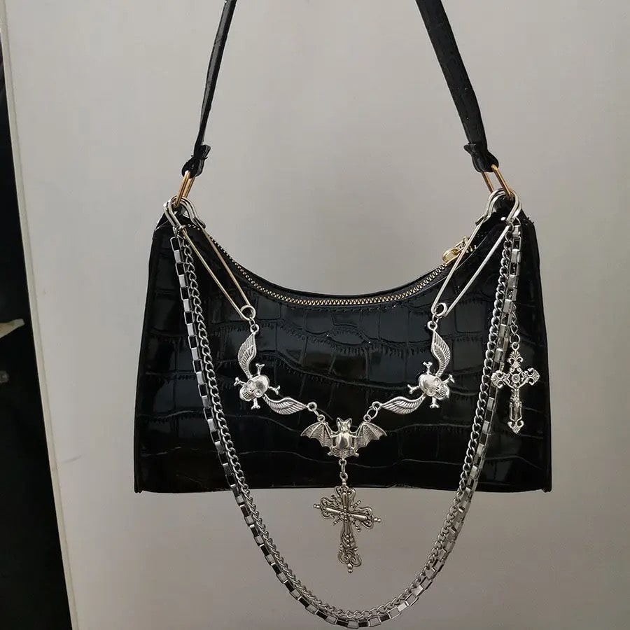 Black leather goth bag with aesthetic chain