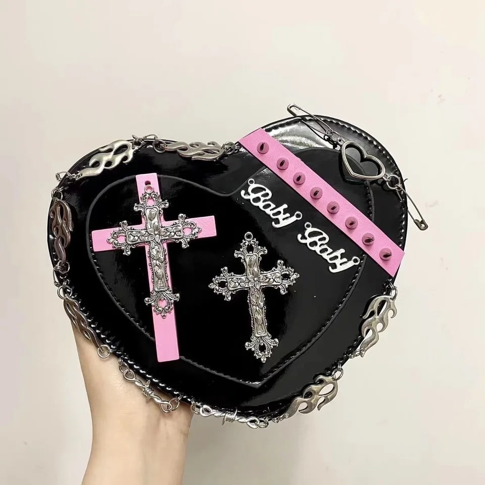 Gothic heart-shaped crossbody bag in vegan leather