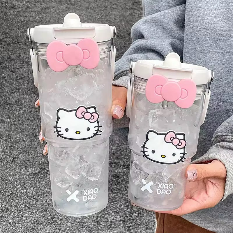 Hello Kitty beverage bottle with straw and pink Sanrio design