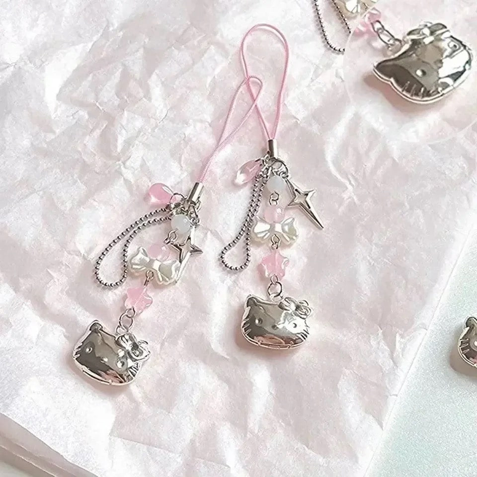 Hello Kitty phone chain with pink beaded charm