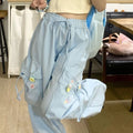 Casual high waist blue pants with wide leg and kawaii embroidery