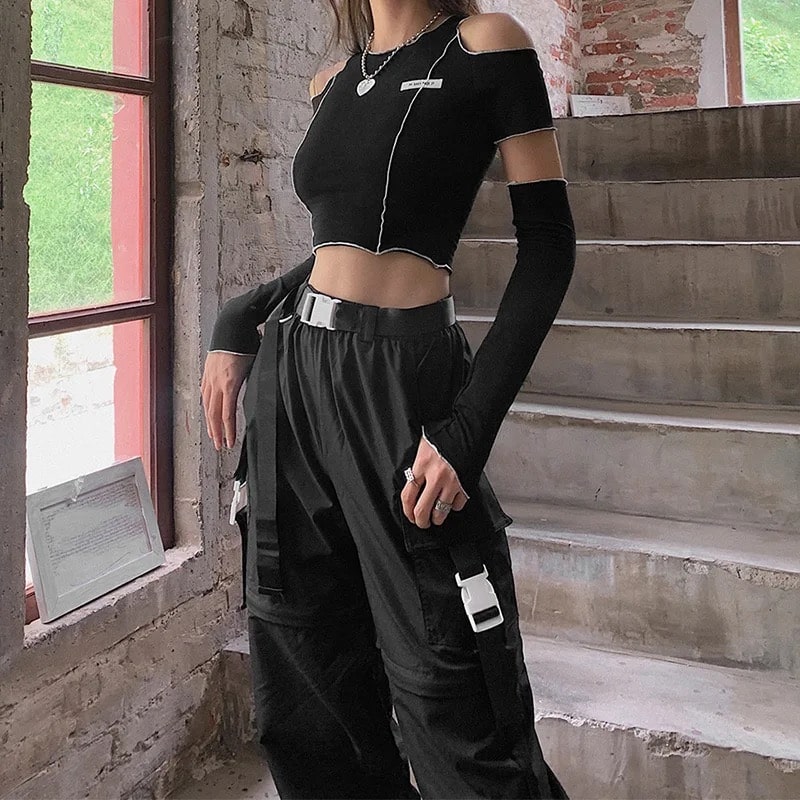 Gothic off shoulder crop top with hollow crew neck design