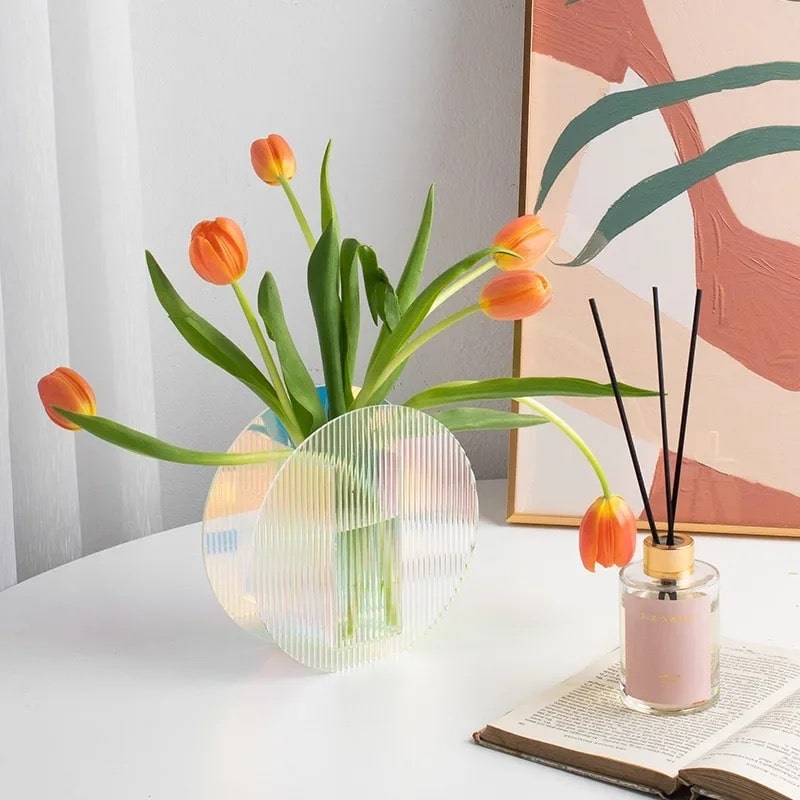 Holographic rainbow acrylic flower vase with geometric design