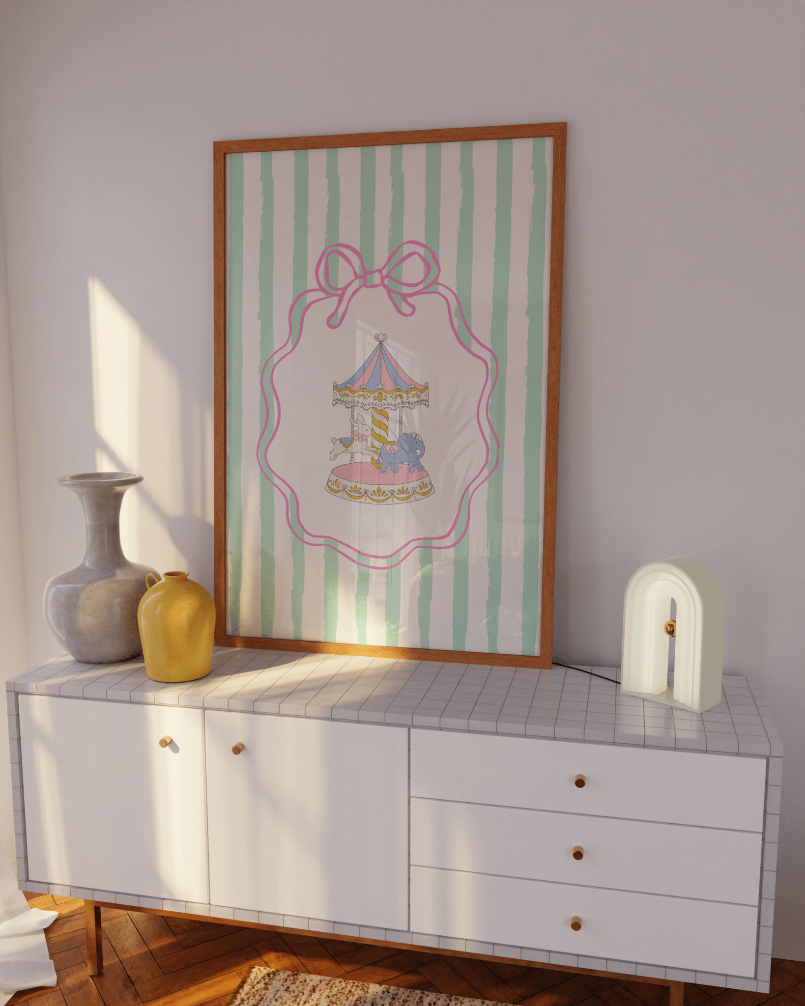Hot air balloon nursery print in pink and gold for gentle parenting and soft decor lovers.
