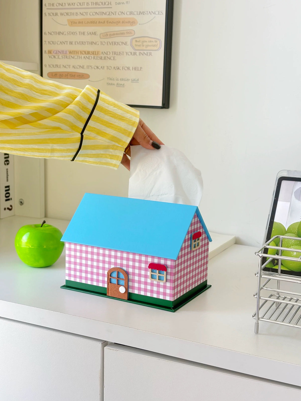 Pink gingham house shaped tissue box cover with blue roof on a white cabinet