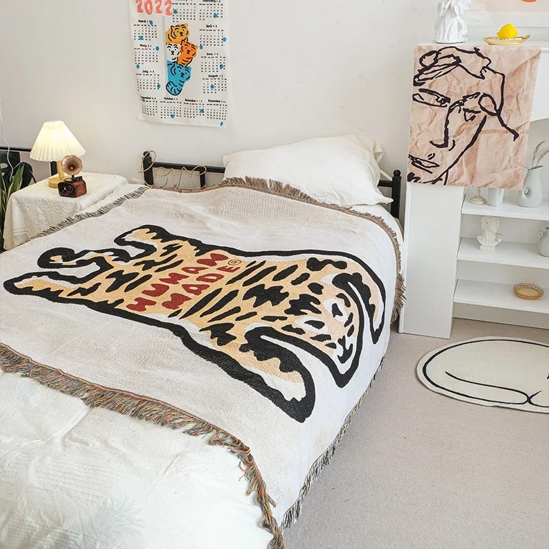 Human Made tiger throw blanket with folk art design