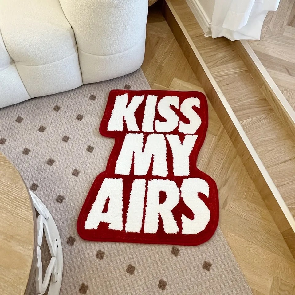 Red personalized Kiss My Airs rug – vibrant and stylish