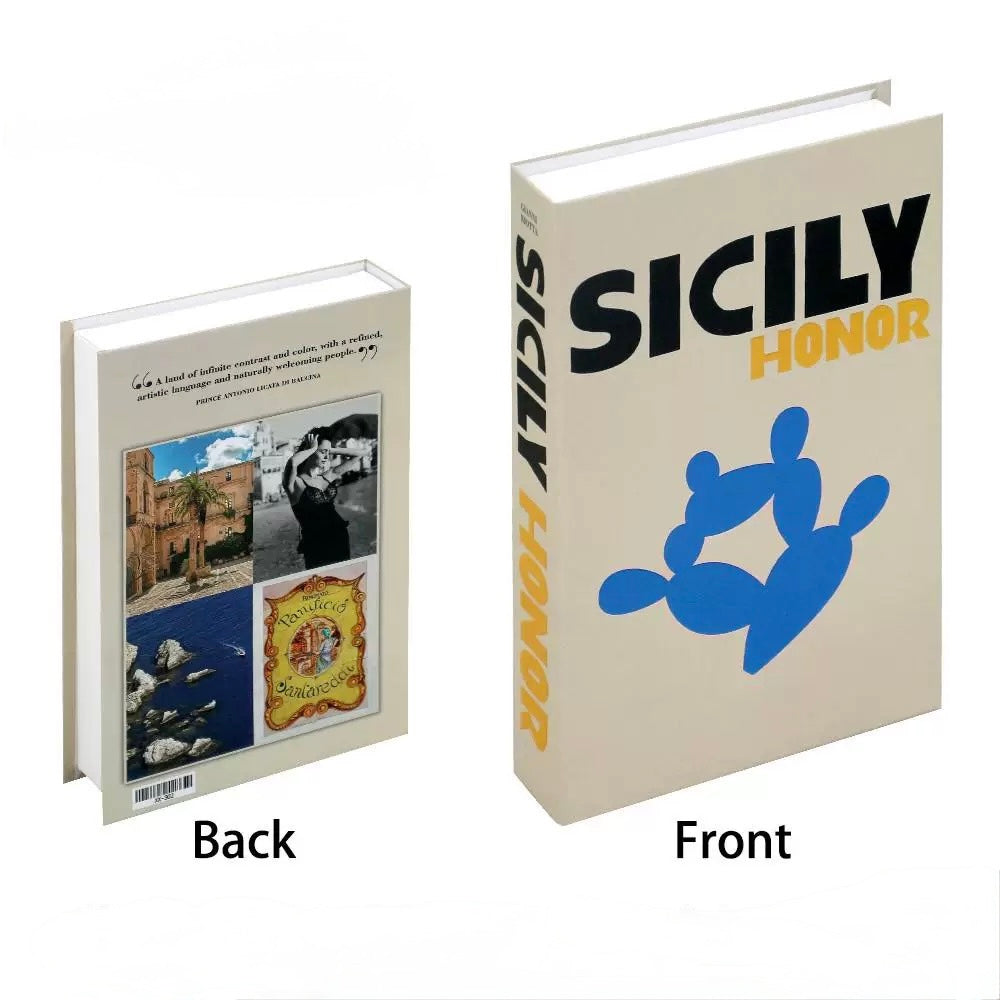 Hidden storage box designed as a travel-themed decorative book, opened to show interior space.