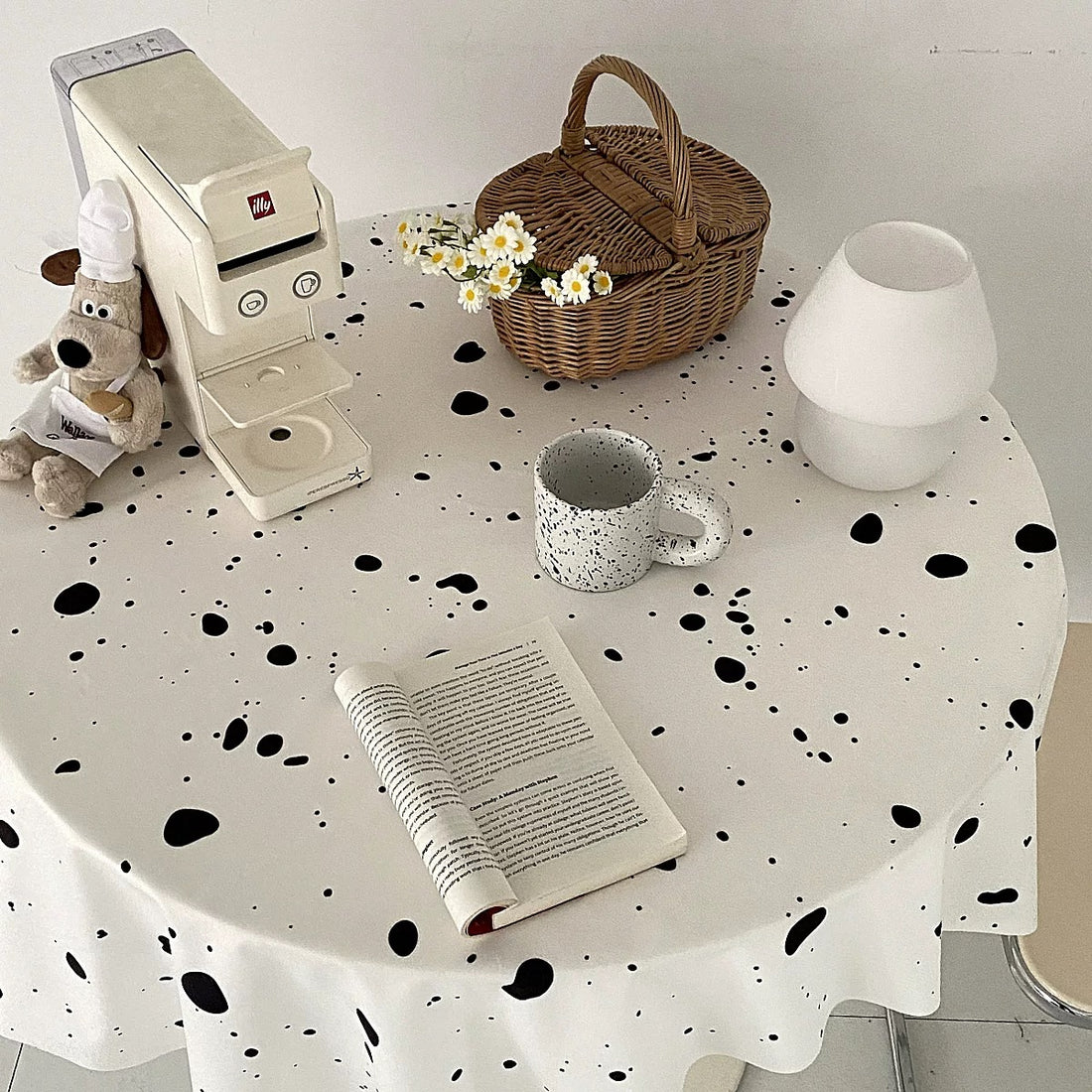 Aesthetic ink splatter tablecloth in black and white for dining decor