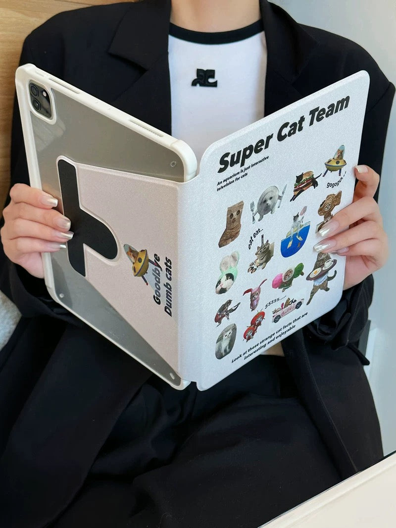 The Feelz Super Cat Team iPad cover styled on a soft girl’s desk