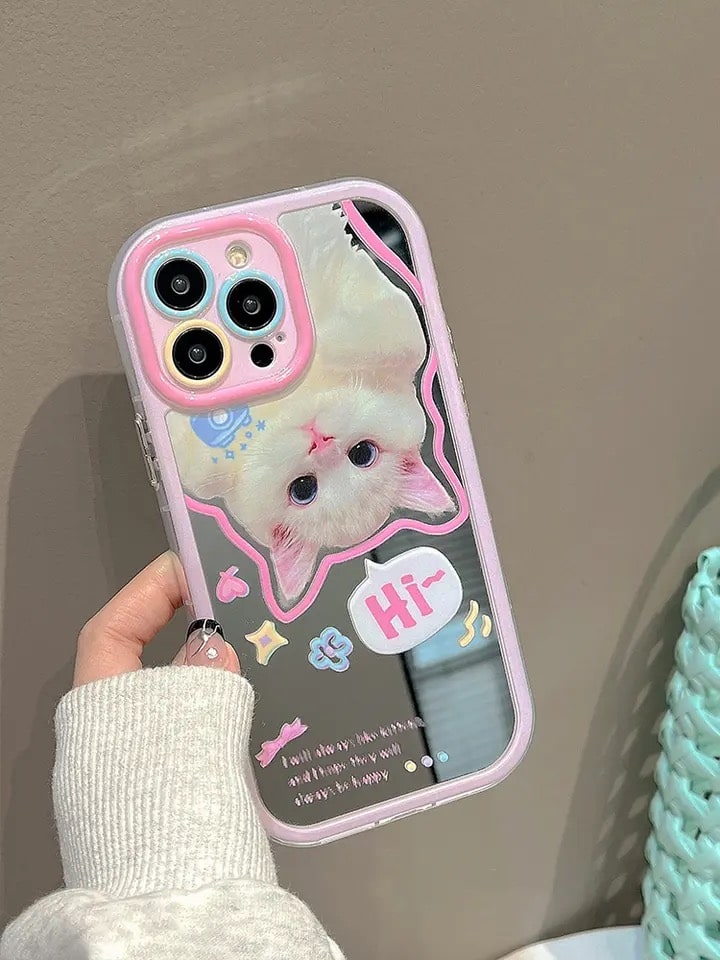 Soft girl coquette iPhone case with makeup mirror and white cat theme