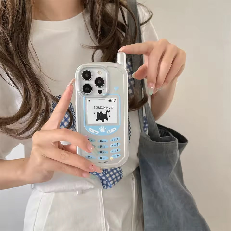 Person holding a phone with a unique case featuring a loading screen design.