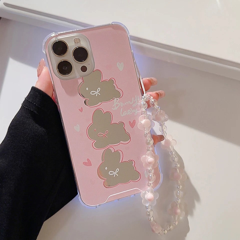 Pink bunny mirror iPhone case with lanyard and hand strap