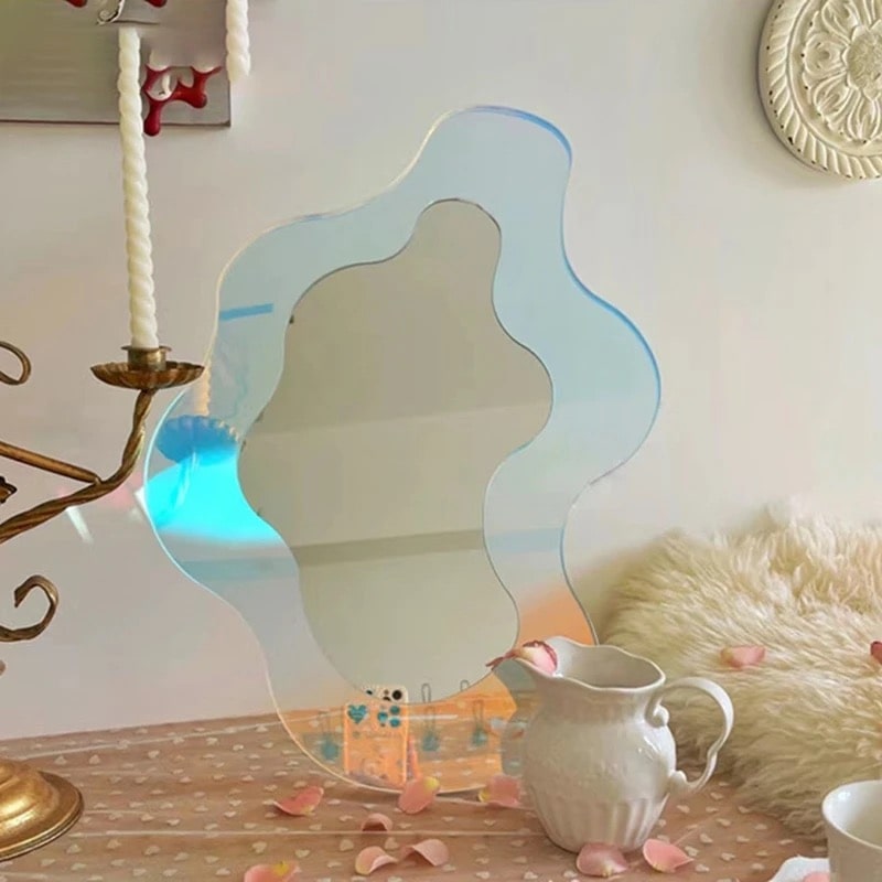 Iridescent acrylic blue wavy mirror for modern decor