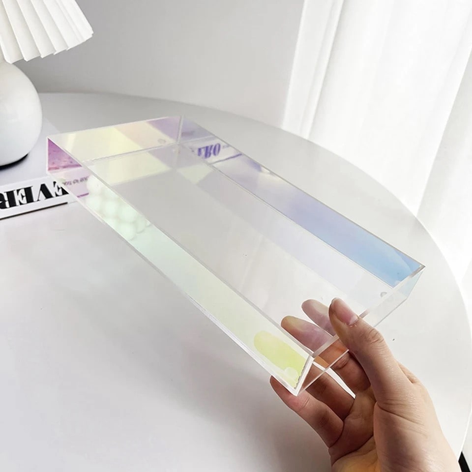 Holographic acrylic serving tray with iridescent colors