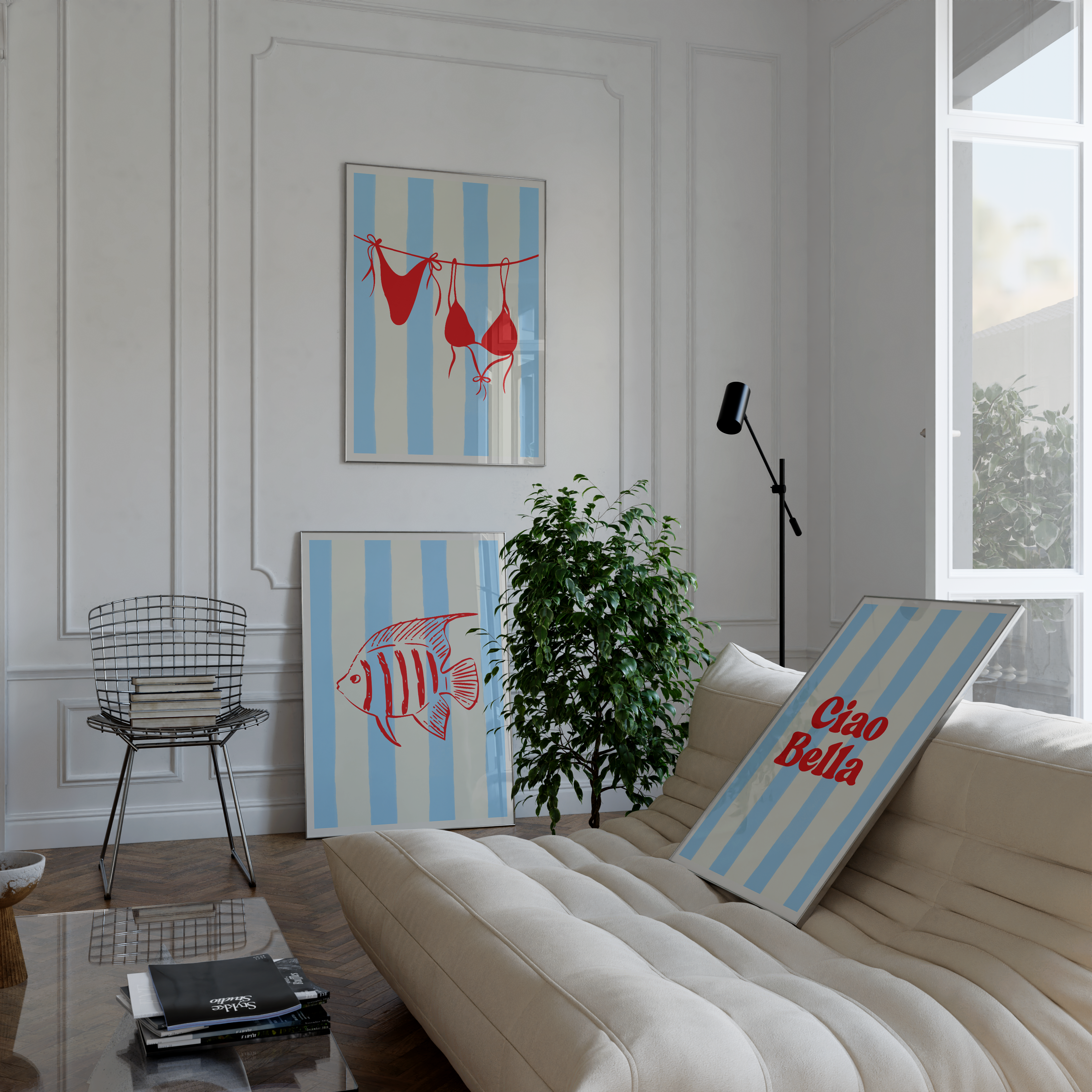 Summer-ready wall art featuring a mix of typography, beachwear, and seaside motifs.