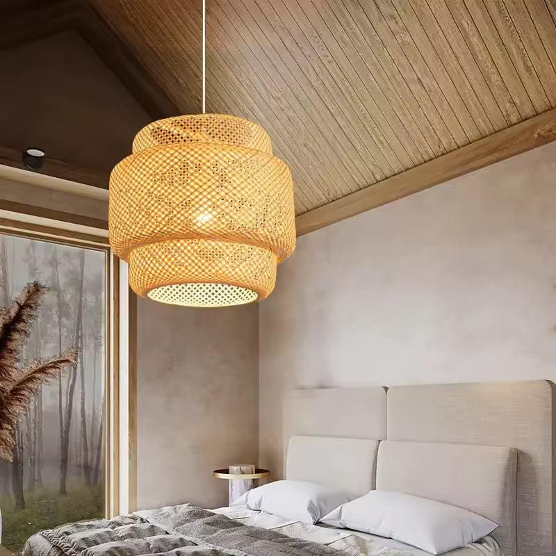 Modern bamboo pendant light with handwoven rattan lampshade.