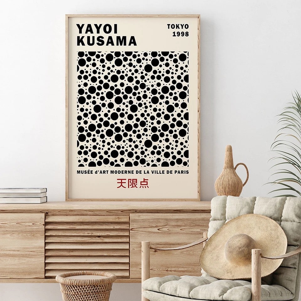 Floral and abstract dots canvas art by Yayoi Kusama. High-quality prints for living room, cafe, and home decor.