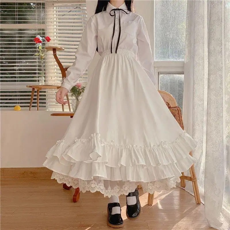 Japanese style black and white A-line long skirt with ruffles