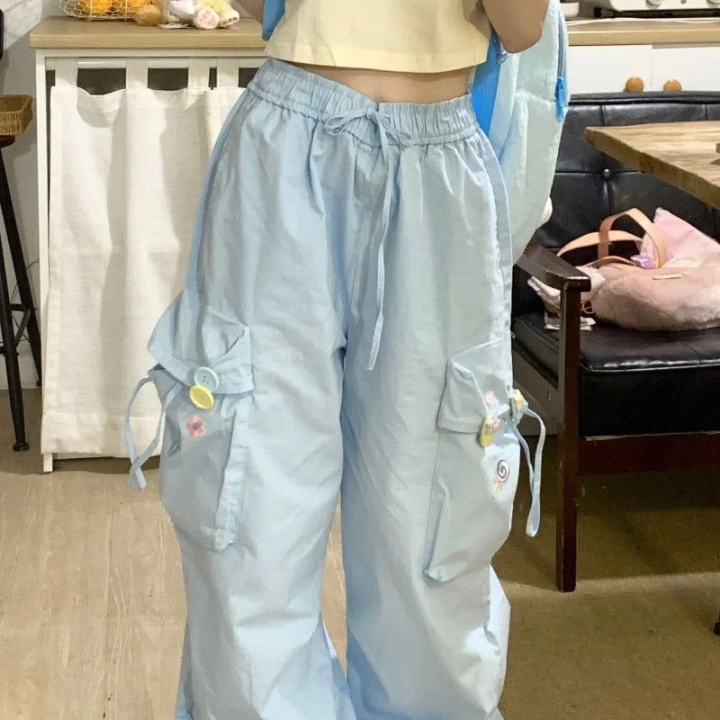 Kawaii blue high waist cargo pants with wide leg and embroidery