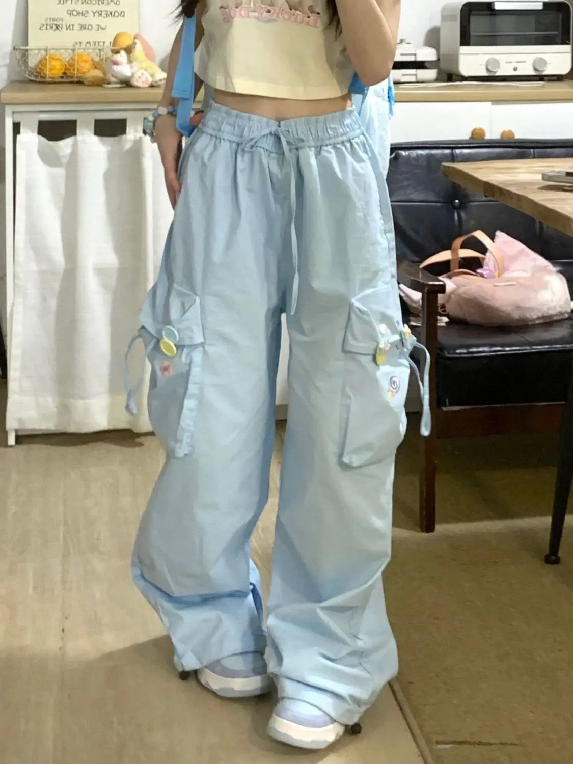 Kawaii blue high waist cargo pants with wide leg and embroidery