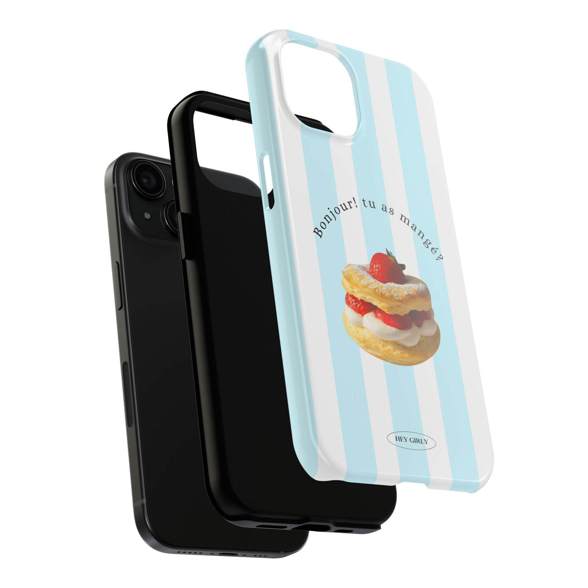 Girly blue striped iPhone cover with glossy finish and dessert print.