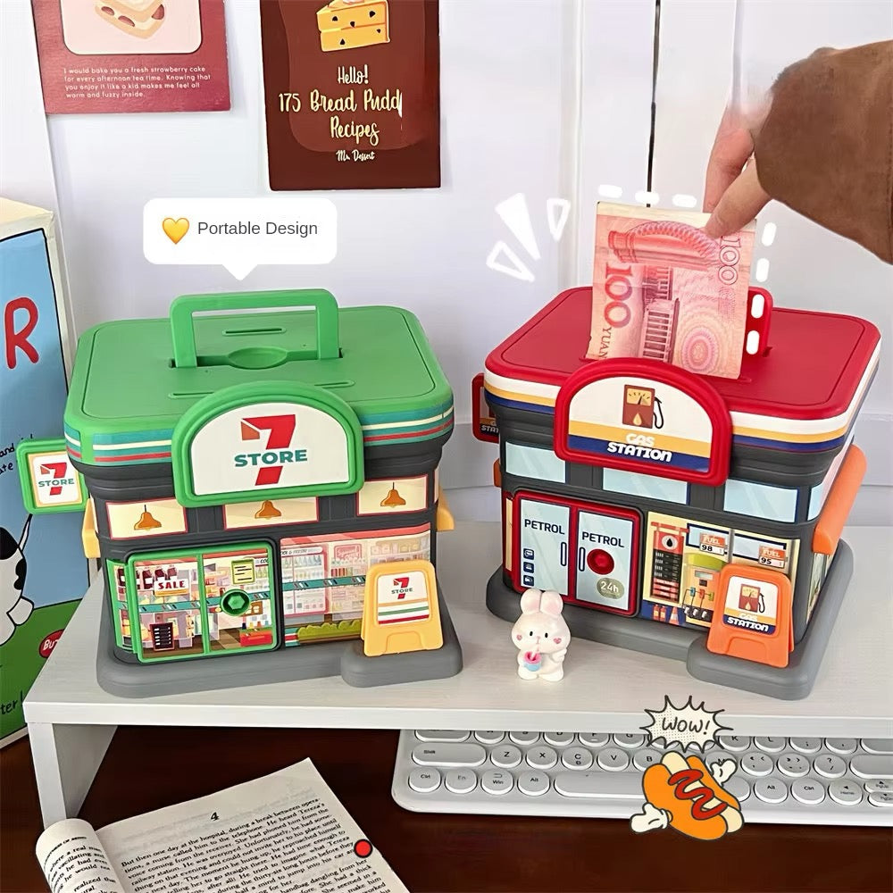 Kawaii piggy bank with gas station theme for kids’ savings