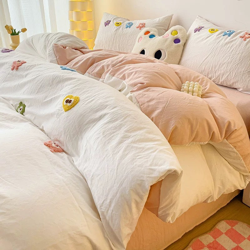 Embroidered cotton duvet cover with kawaii style