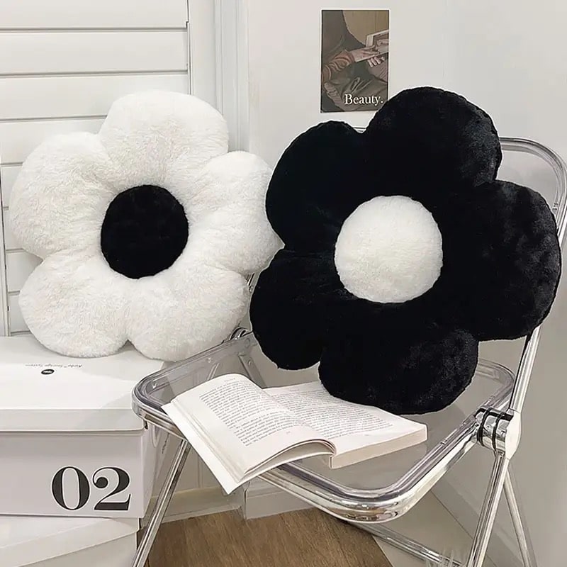 Kawaii flower pillow plush in black and white for nursery decor