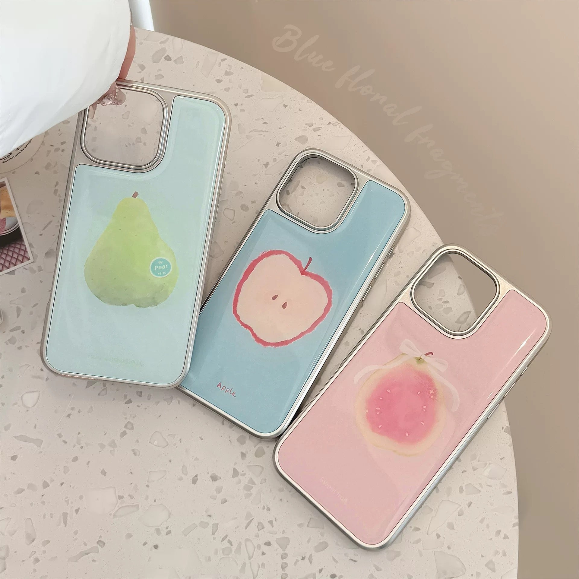 Kawaii pastel guava iPhone case with glossy pink background and silver border – perfect for soft girl aesthetic.