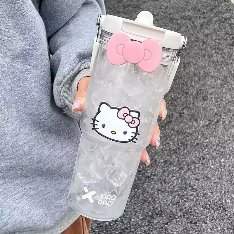 Hello Kitty beverage bottle with straw and pink Sanrio design