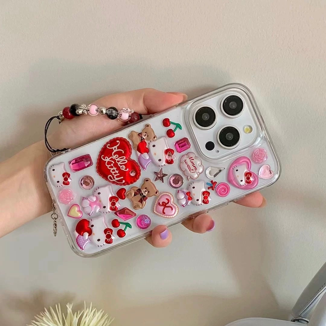 Cute Y2K Hello Kitty iPhone case with glitter effect