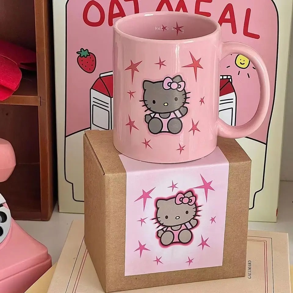 Hello Kitty pink ceramic mug, kawaii coffee cup for tea