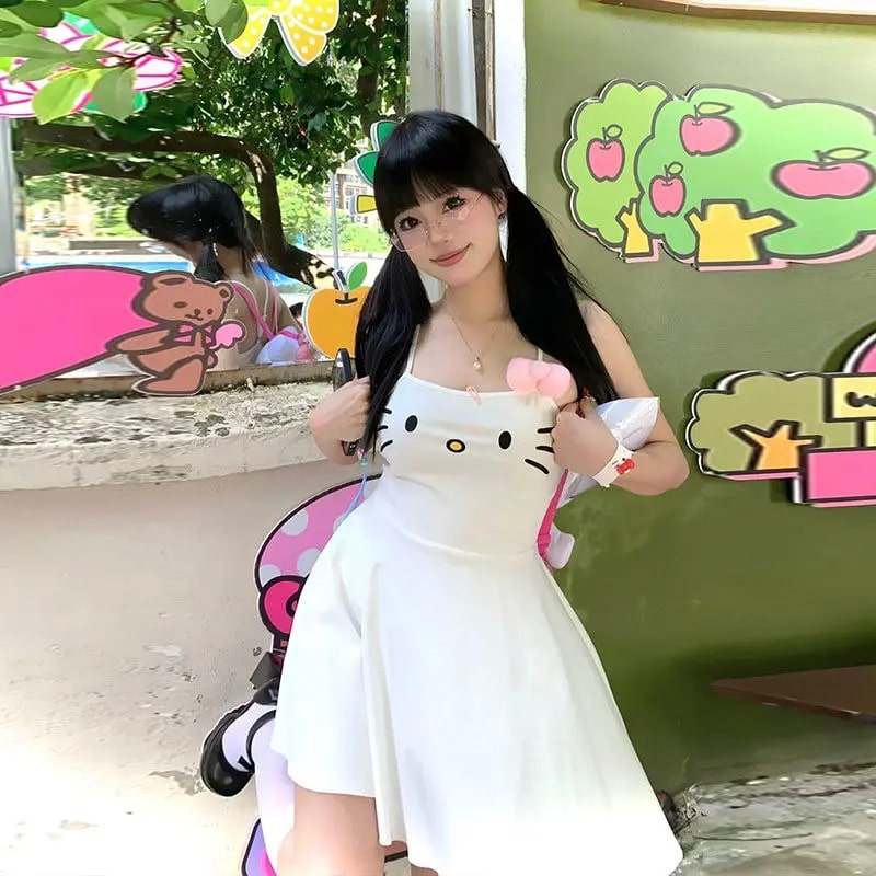 Kawaii Hello Kitty Y2K dress in white with coquette aesthetic